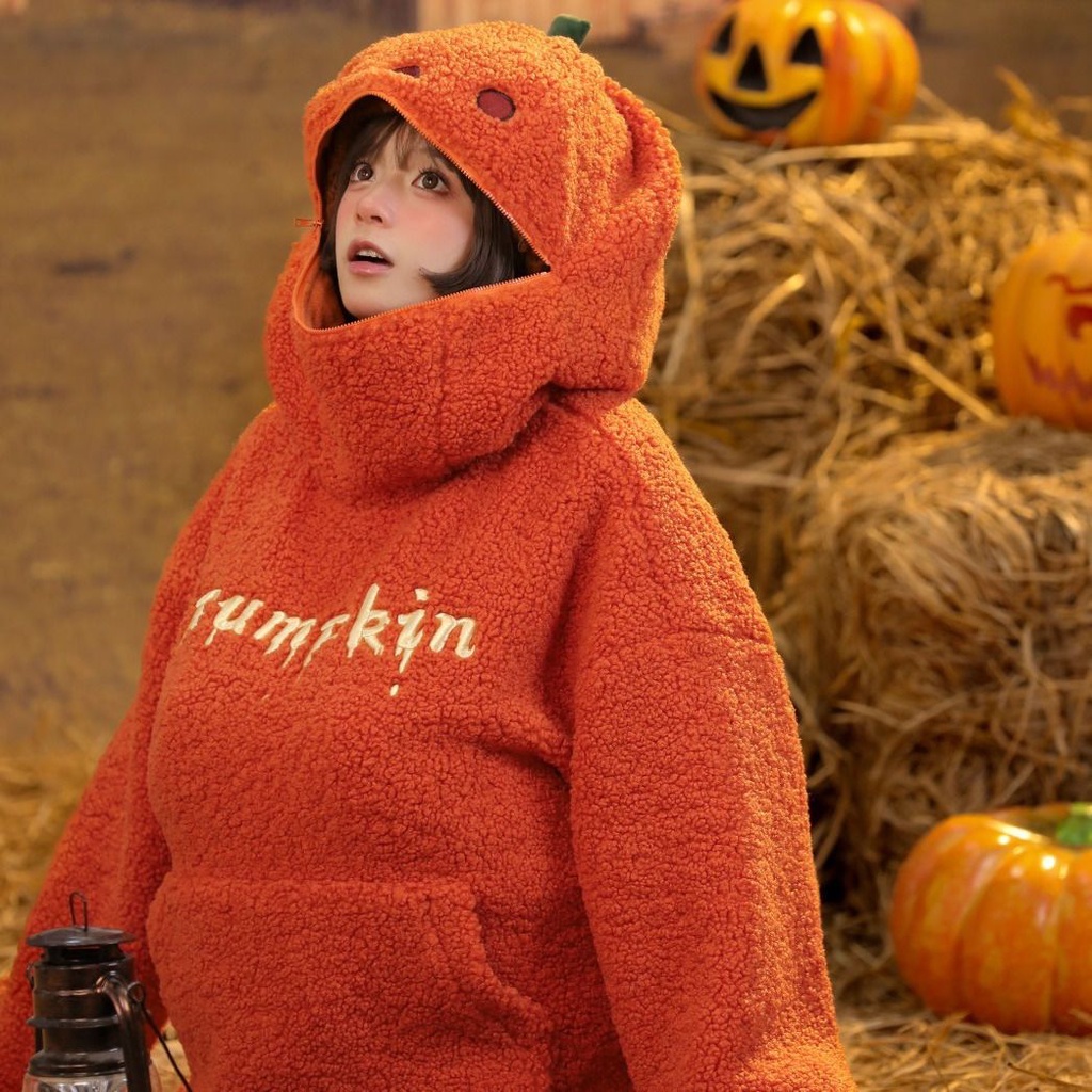 Dễ Thương Áo hoodie Lông Cừu Dày Dáng Rộng In Hình Quả Bí Ngô halloween 2023 p17