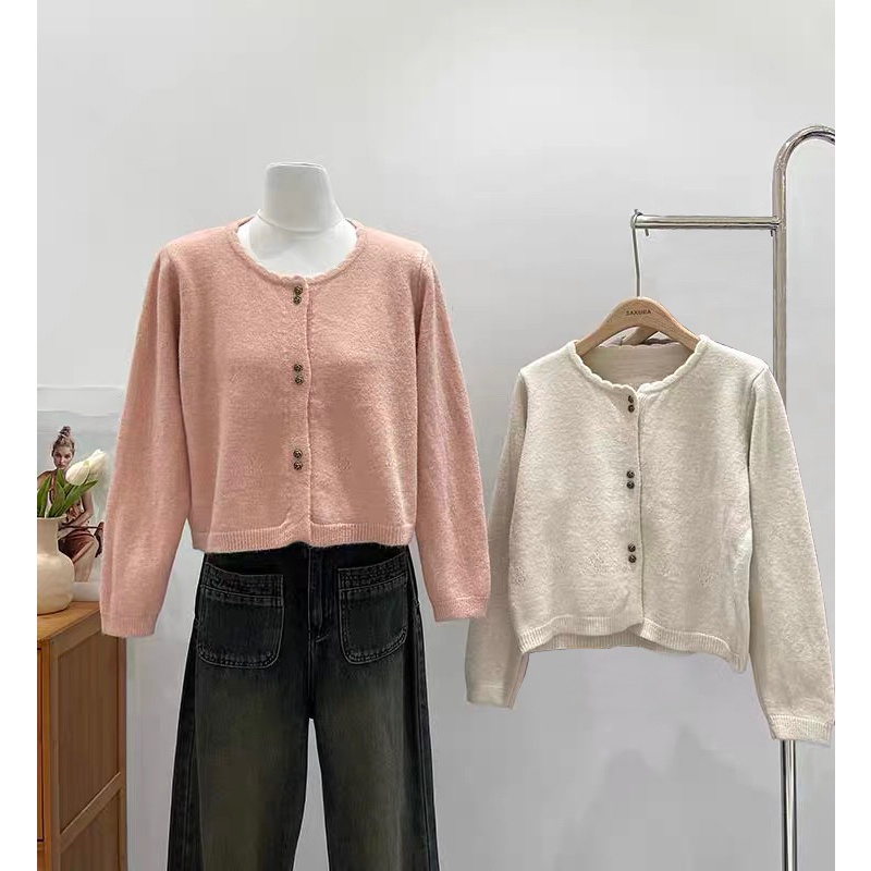 Áo cardigan, Áo Len, Áo Khoác Chất Len Lông Dày Dặn, Ấm Áp Màu Hồng Trắng, Cúc Hoa