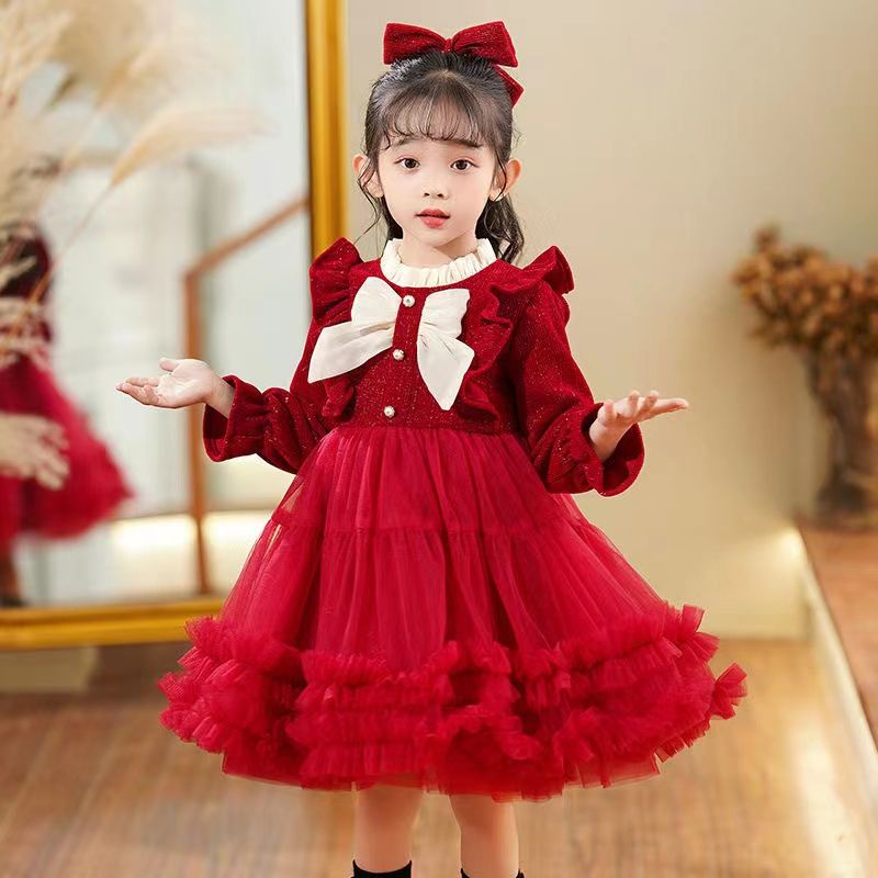 Đầm Công Chúa Chất Nhung Đính Nơ Thời Trang Thu Đông Xinh Xắn Cho Bé Gái