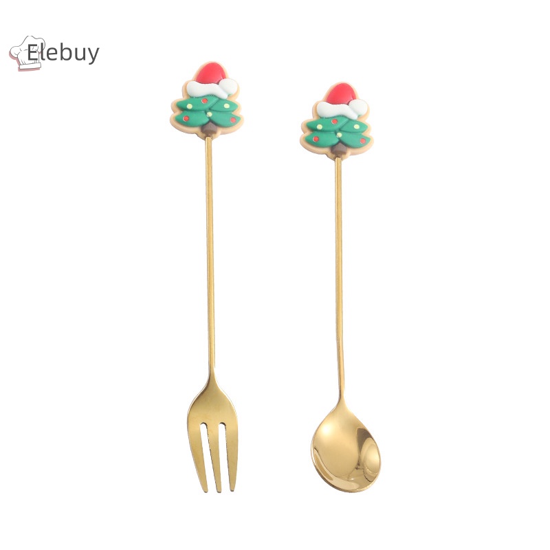 Bộ 2 Muỗng Nĩa Bằng Thép Không Gỉ Hình Cây Thông Giáng Sinh
