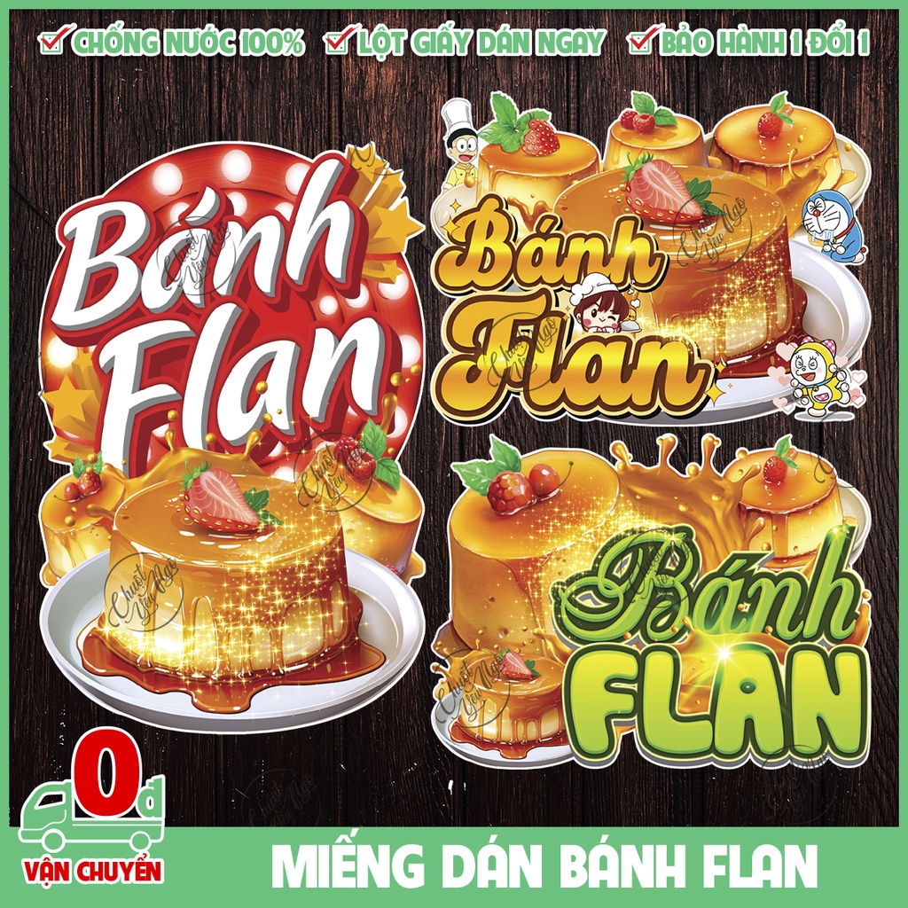 Miếng dán trang trí BÁNH FLAN trứng caramel menu quán nước trà sữa hình sticker ăn vặt dán tường xe đẩy cửa kính
