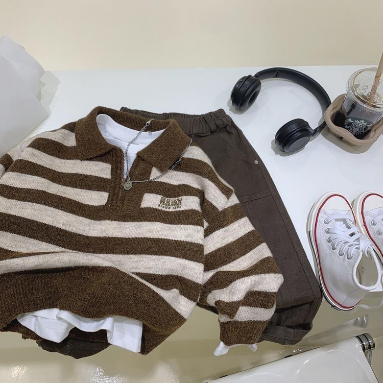 Áo sweater Tay Dài Kẻ Sọc Phong Cách Hàn Quốc Thời Trang Thu Đông Cho Bé pu