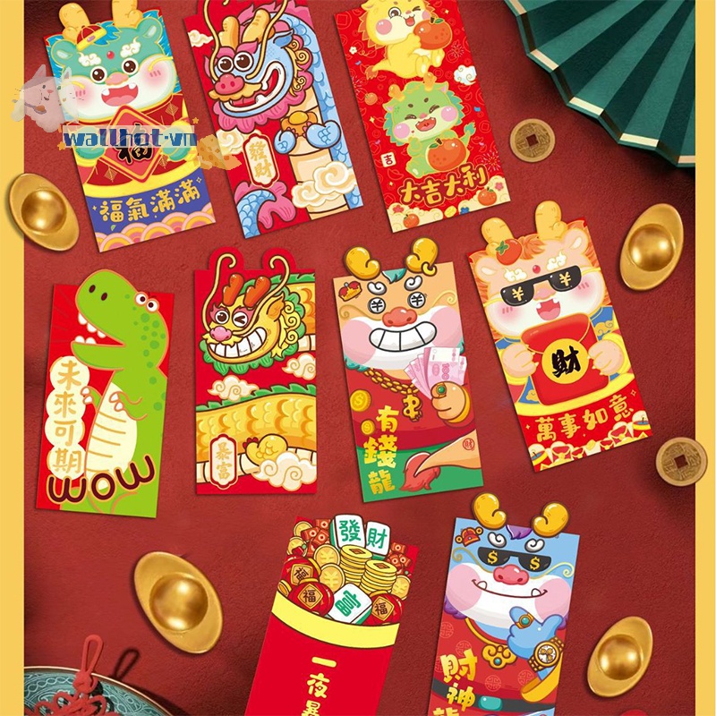 Set 6 Bao Lì Xì Hình Rồng Đỏ May Mắn Cho Năm Mới 2024