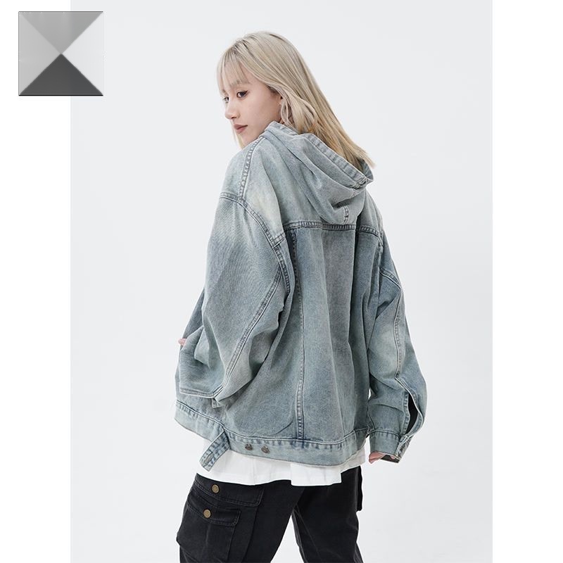 Áo Khoác denim Có Mũ Trùm Dài Tay Dáng Rộng Màu Sắc Đơn Giản Phong Cách Hồng Kông unisex zyq150