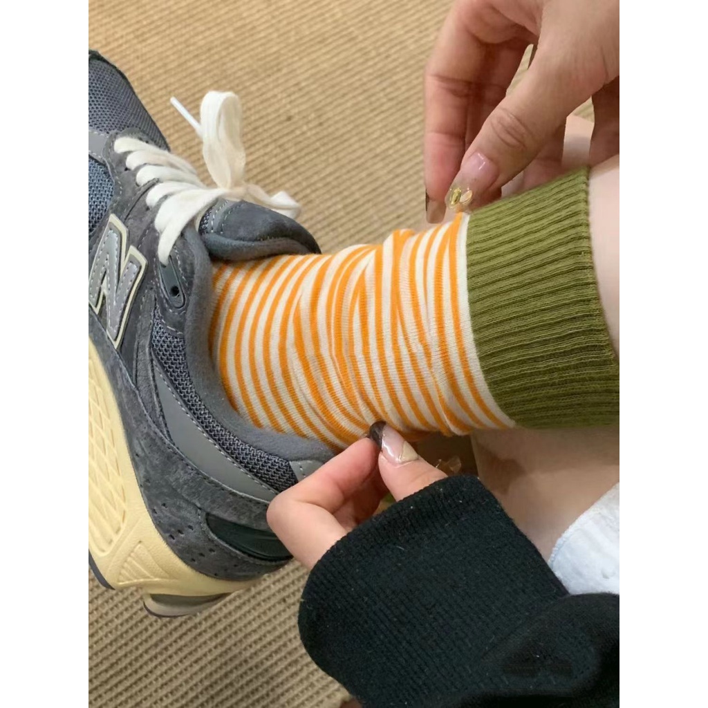 Vớ Cổ Trung Phối Dây Ruy Băng Màu Sắc Tương Phản Phong Cách retro Nhật Bản