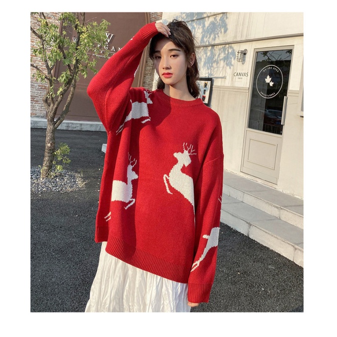 Áo Sweater Len Nam Form Rộng Giáng Sinh In Hình Tuần Lộc Thời Trang Mùa Đông Phong Cách Năm Mới Cho Cặp Đôi