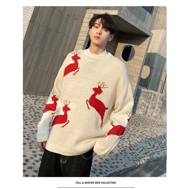 Áo Sweater Len Nam Form Rộng Giáng Sinh In Hình Tuần Lộc Thời Trang Mùa Đông Phong Cách Năm Mới Cho Cặp Đôi