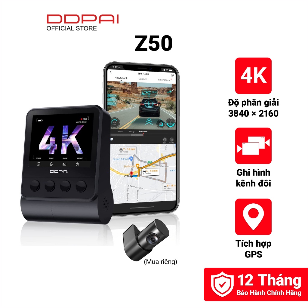 Camera Hành Trình DDPai Z50 Độ Phân Giải 4K Ghi Hình Kênh Đôi Tích Hợp GPS FOV 140° Giám Sát Đỗ Xe 24h