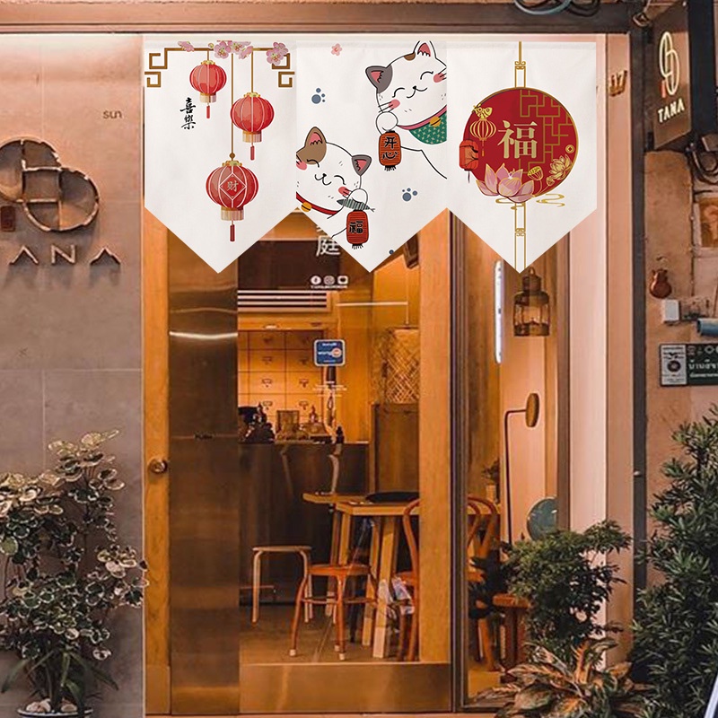 Rèm Cửa Họa Tiết Mèo May Mắn Dễ Thương Trang Trí Nội Thất