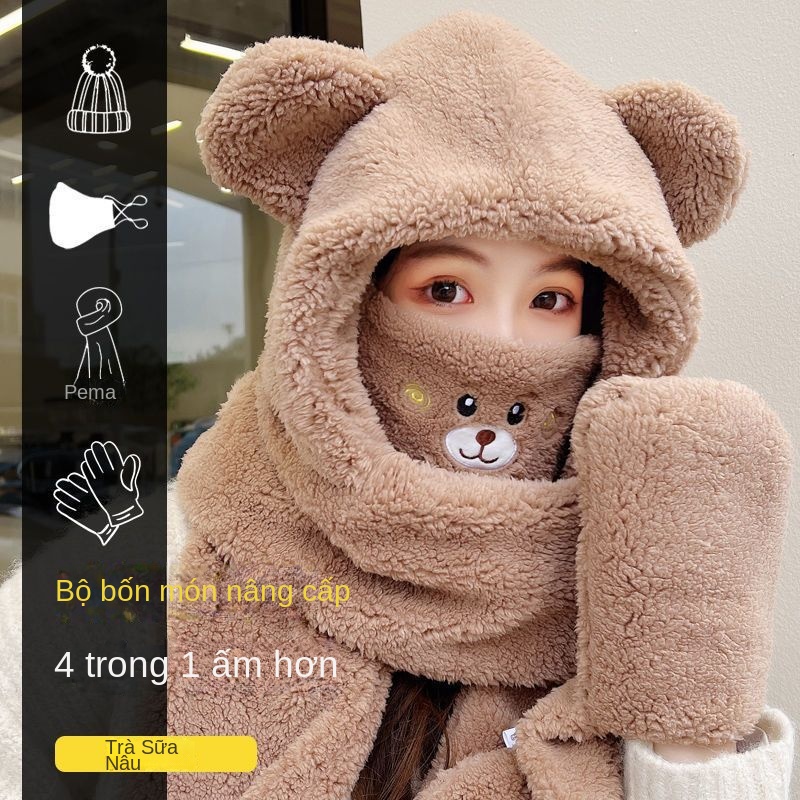 Mũ Trùm Đầu Kèm Khẩu Trang Chống Gió Giữ Ấm Tai Hình Gấu Dễ Thương