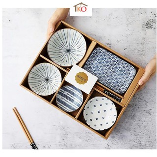 Bộ bát đĩa sứ phong cách Nhật Bản 6 món men lam ngộ nghĩnh (Set quà tặng)