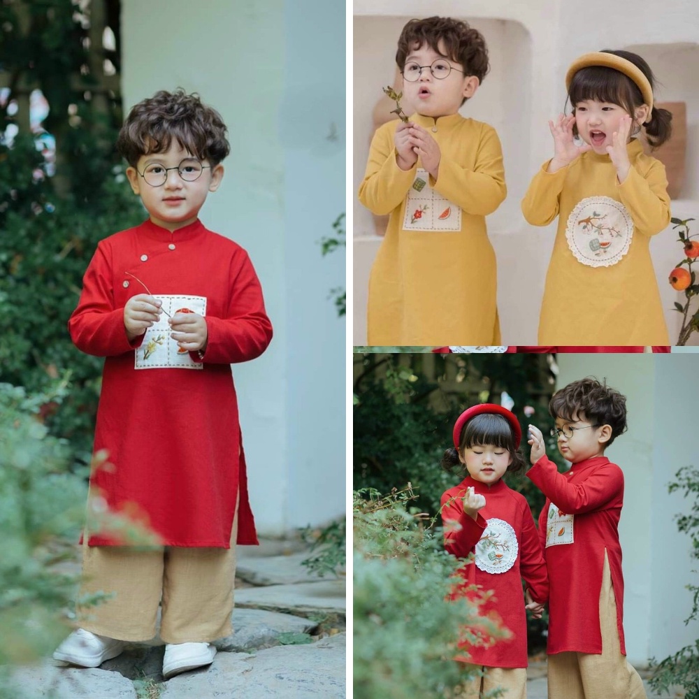 Áo dài cách tân bé trai và bé gái 2 màu vàng và đỏ ,kèm quần chất liệu cát hàn mềm mịn  hàng thiết kế sang chảnh -HS06