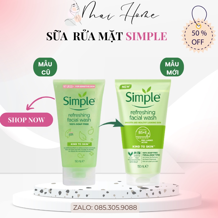 Sữa Rửa Mặt Simple - Sữa Rửa Mặt Simple Gel Kind To Skin Refreshing Facial Wash Gel 150ml- MAI HOME