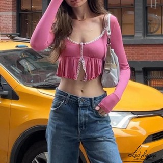 Ldd-áo Crop top dài tay dành cho nữ Slit Xù viền áo sơ mi chắp vá Áo chui đầu thông thường cho câu lạc bộ Dạo phố Quần áo thẩm mỹ