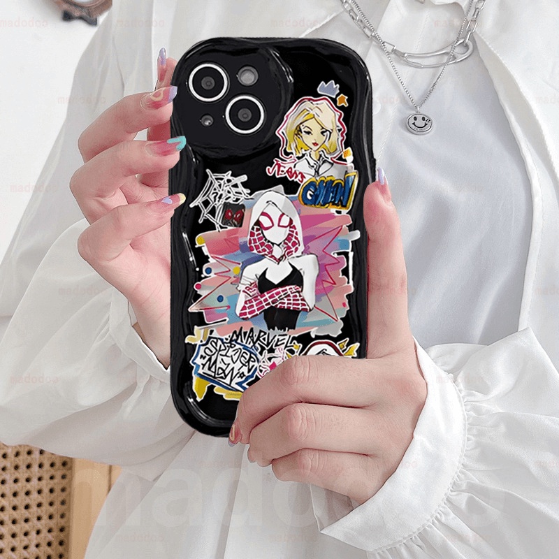 Ốp lưng Cute Fine Hole Anti-fall Samsung Galaxy S24 S23 Ultra S22 Plus S21 S20 FE 5G A11 A50 A30S A50S A10S A20S A20 A30 A31 A51 A71 4G A21S A02S A03S M11 Cartoon SpiderMan Gwen Graffiti Cream Edge Couple Phone Case Cover NY 76