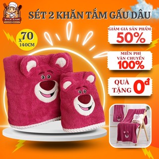 Bộ 2 khăn tắm + khăn tắm siêu mềm thấm hút họa tiết gấu và dâu tây kiểu hàn quốc dễ thương