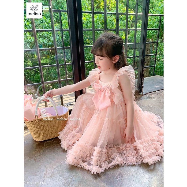 Váy voan 2 dây nơ ngực tùng xòe