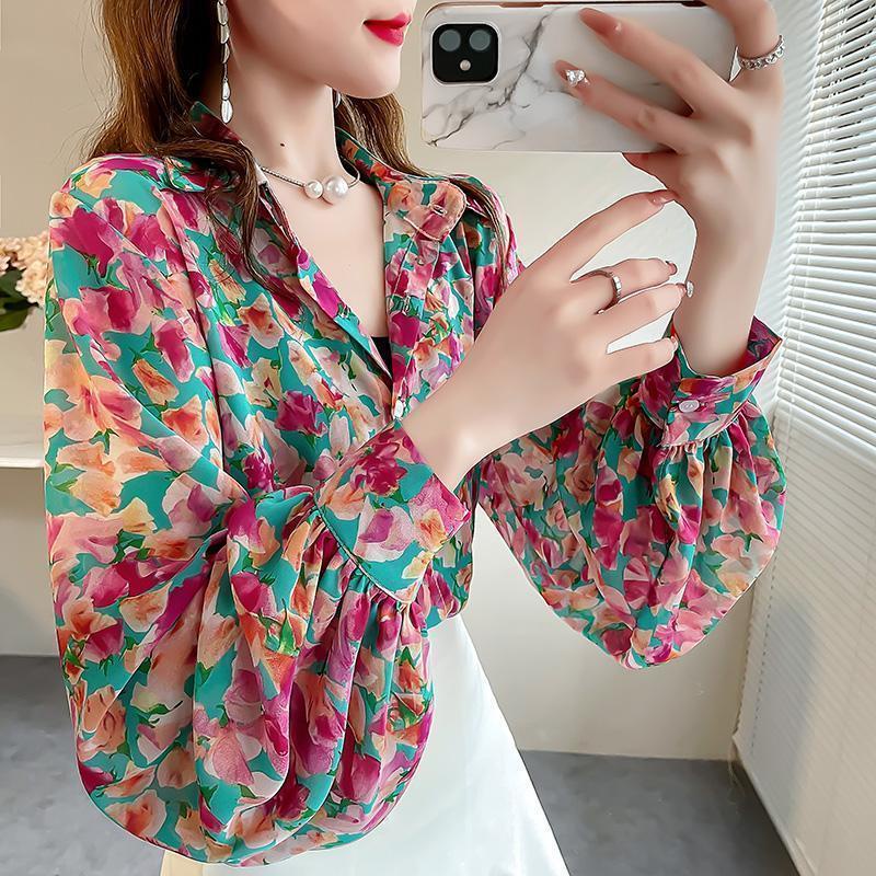 Áo Sơ Mi chiffon plus size Tay Phồng In Họa Tiết Thời Trang Cho Nữ
