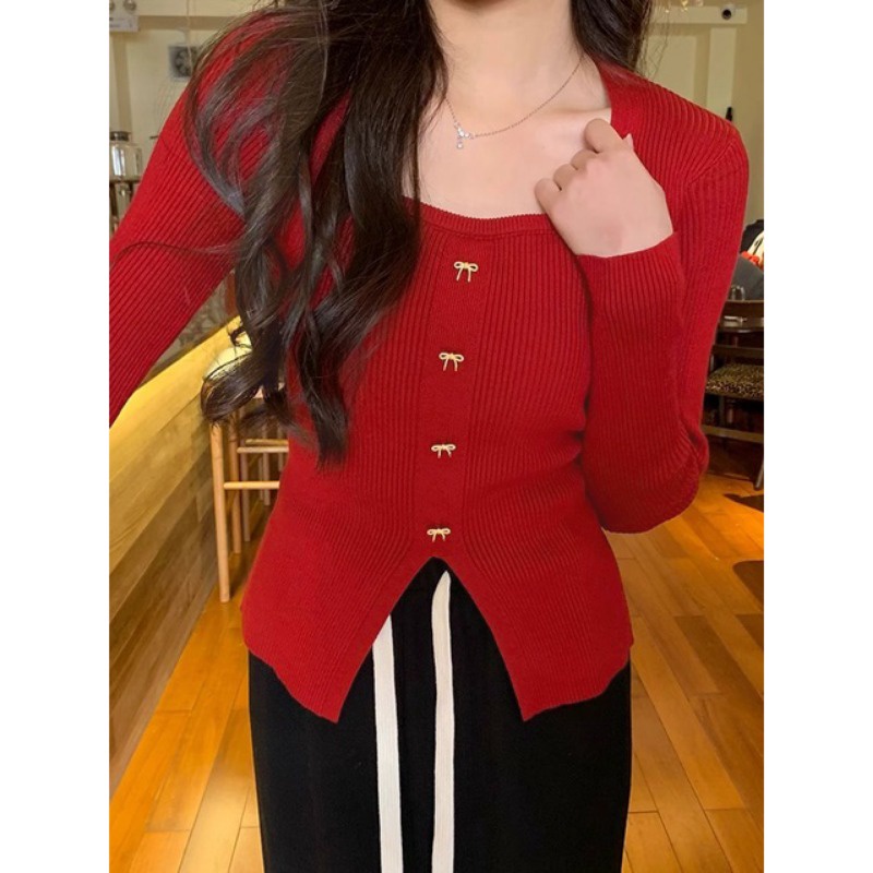 Áo sweater Dệt Kim Mỏng Cổ Vuông Đính Nút Kim Loại Thắt Nơ Kiểu Dáng Ngọt Ngào