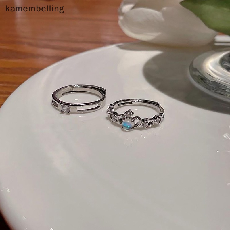 Nhẫn Cặp Mở Điều Chỉnh Được Đính Đá Mặt Trăng Lãng Mạn Màu Bạc zircon Ánh Trăng Khuyết Dễ Thương