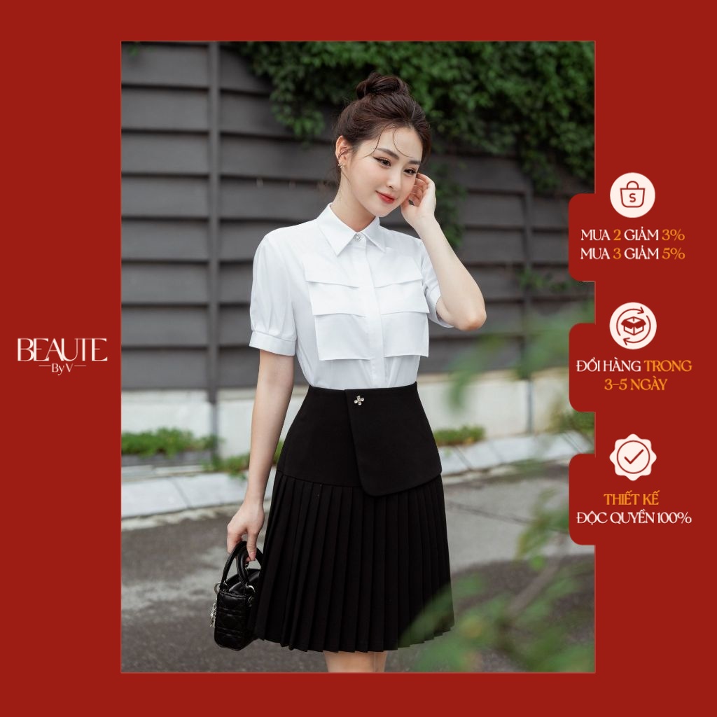 BEAUTEBYV - Chân váy nữ xếp ly nửa đính cúc Eli