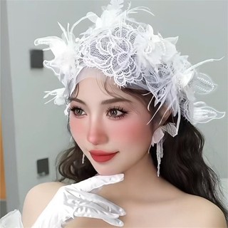 1 Băng Đô Cài Tóc Cô Dâu Đính Lông Vũ Ren Phong Cách Pháp Cổ Điển