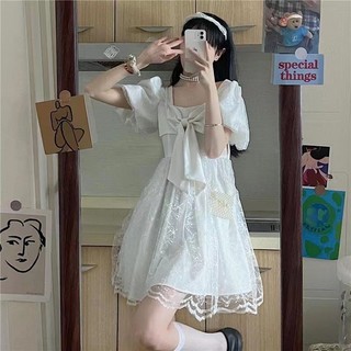 Đầm Cổ Vuông Tay Ngắn Phối Lưới Đính Nơ Phong Cách Pháp Thời Trang Mùa Hè Xinh Xắn Cho Nữ