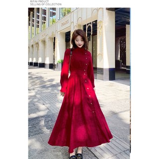Đầm Nhung Cổ Đứng Dáng Dài Phong Cách Retro Thời Trang Xuân Thu 2023