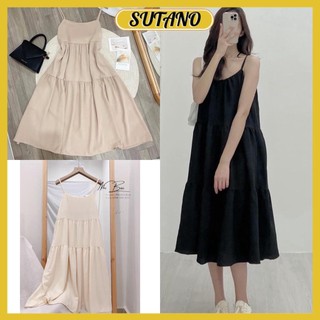 Váy 2 dây đi biển- váy maxi babydoll 3 tầng dáng xuông vải đũi lụa đẹp V100 SUTANO