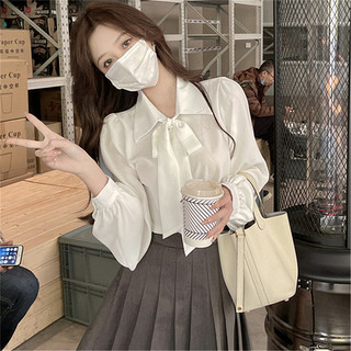 SUXI 240118 Túi Đựng Đồ Tiện Lợi Áo Sơ Mi Tay Dài Thắt Nơ Phong Cách Retro Thời Trang Dành Cho Nữ