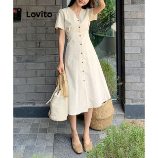 Đầm Lovito màu trơn tay phồng cài nút phía trước phong cách thường ngày cho nữ L83ED180
