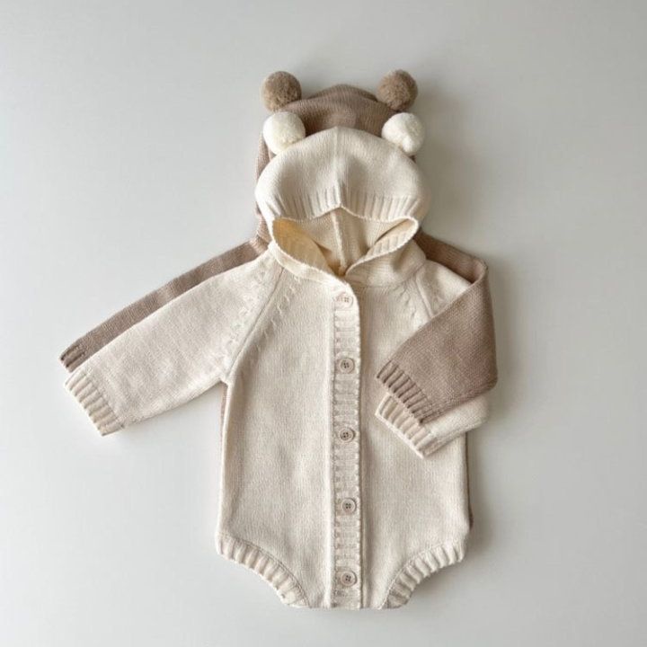 Bộ Áo Liền Quần Màu Trơn Tai Thỏ Dễ Thương Cho Bé Trai Sơ Sinh