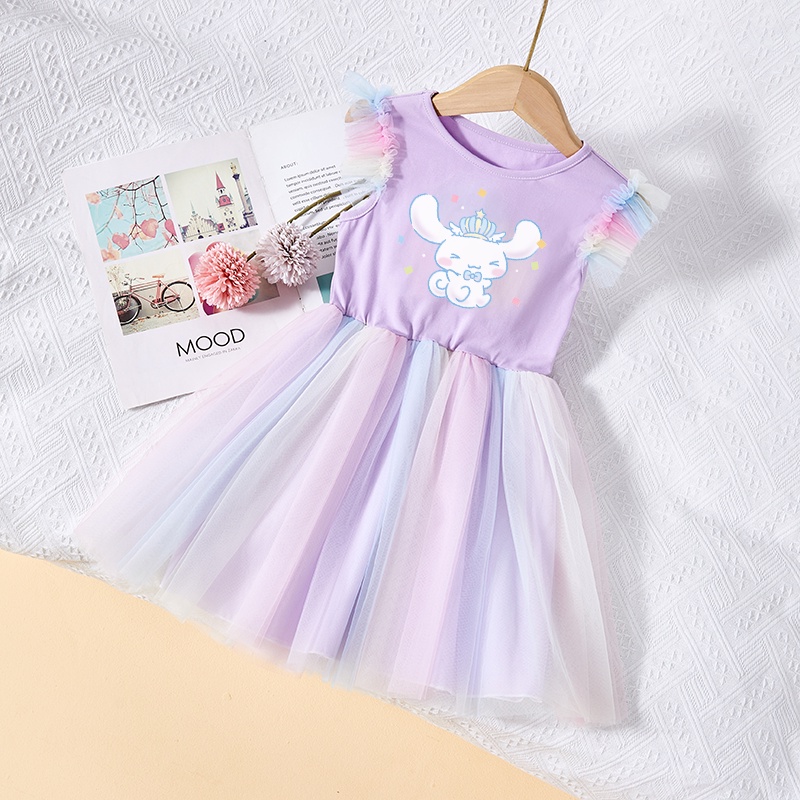 Đầm Công Chúa Mùa Hè Tay Lưới Xòe In Họa Tiết Hoạt Hình Màu Cầu Vồng Phong Cách Hàn Quốc Cho Bé Gái