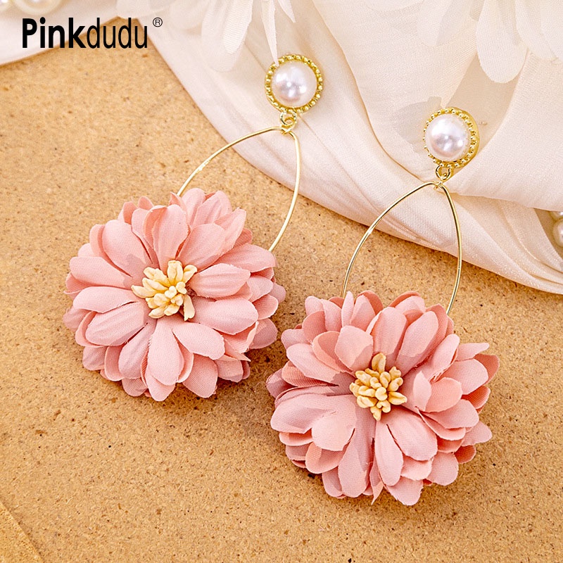 Pinkdudu Bông Tai Thả Hoa Vải Màu Hồng Phóng đại Thanh Lịch Bông Tai Ngọc Trai Giả Dát Ngọt Ngào Cho Ngày Lễ Quà Tặng Trang Sức Nữ PD1538