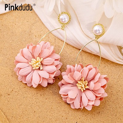 Pinkdudu Bông Tai Thả Hoa Vải Màu Hồng Phóng đại Thanh Lịch Bông Tai Ngọc Trai Giả Dát Ngọt Ngào Cho Ngày Lễ Quà Tặng Trang Sức Nữ PD1538