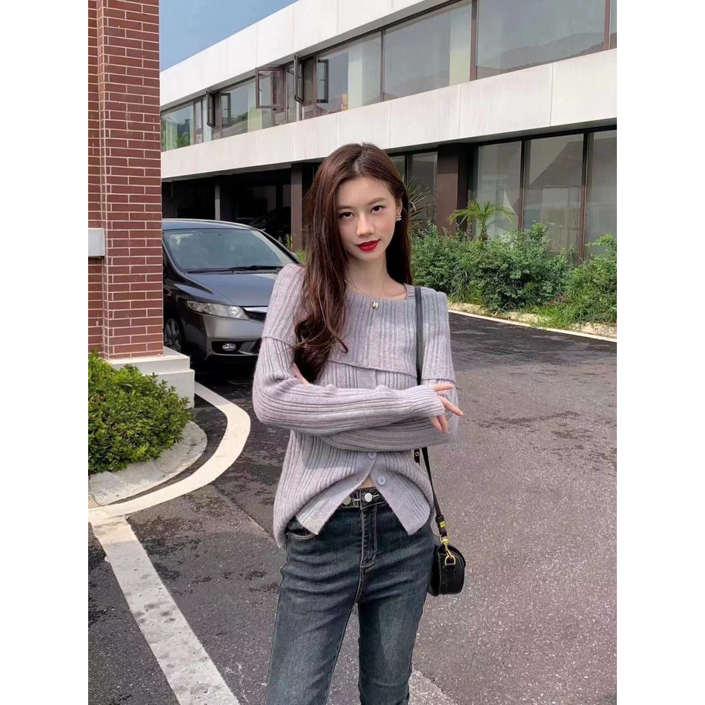 Áo cardigan dệt kim dài tay màu trơn tôn dáng ngọt ngào và cay phong cách Hàn Quốc mùa thu cho nữ