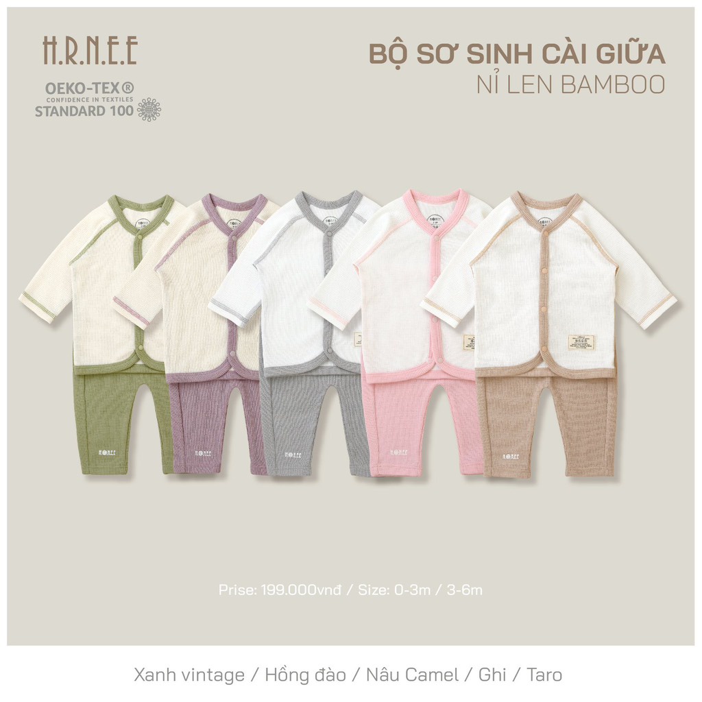 Bộ Hrnee sơ sinh nỉ len cài giữa cho bé
