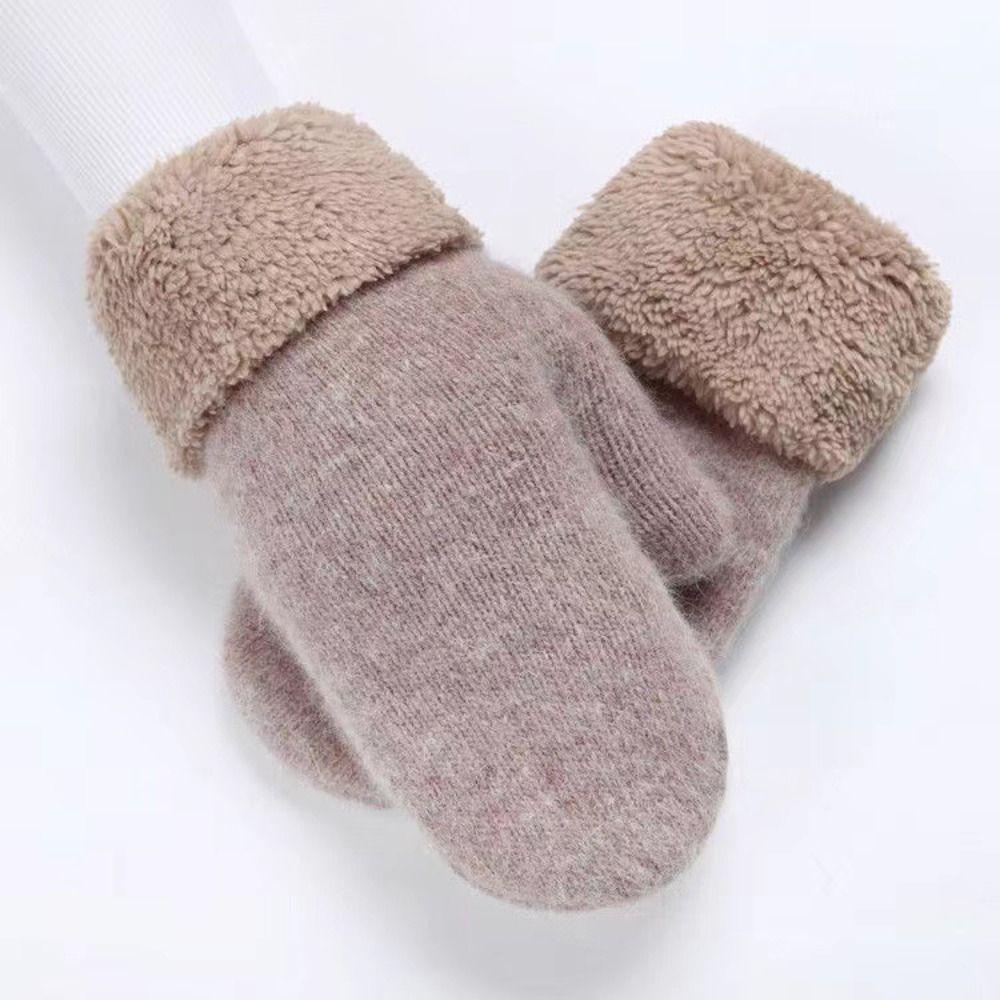 Găng Tay Len Hai Lớp Dày Dặn Ấm Áp Màu Trơn Bảo Vệ Ngón Tay Khi Đạp Xe Mùa Đông