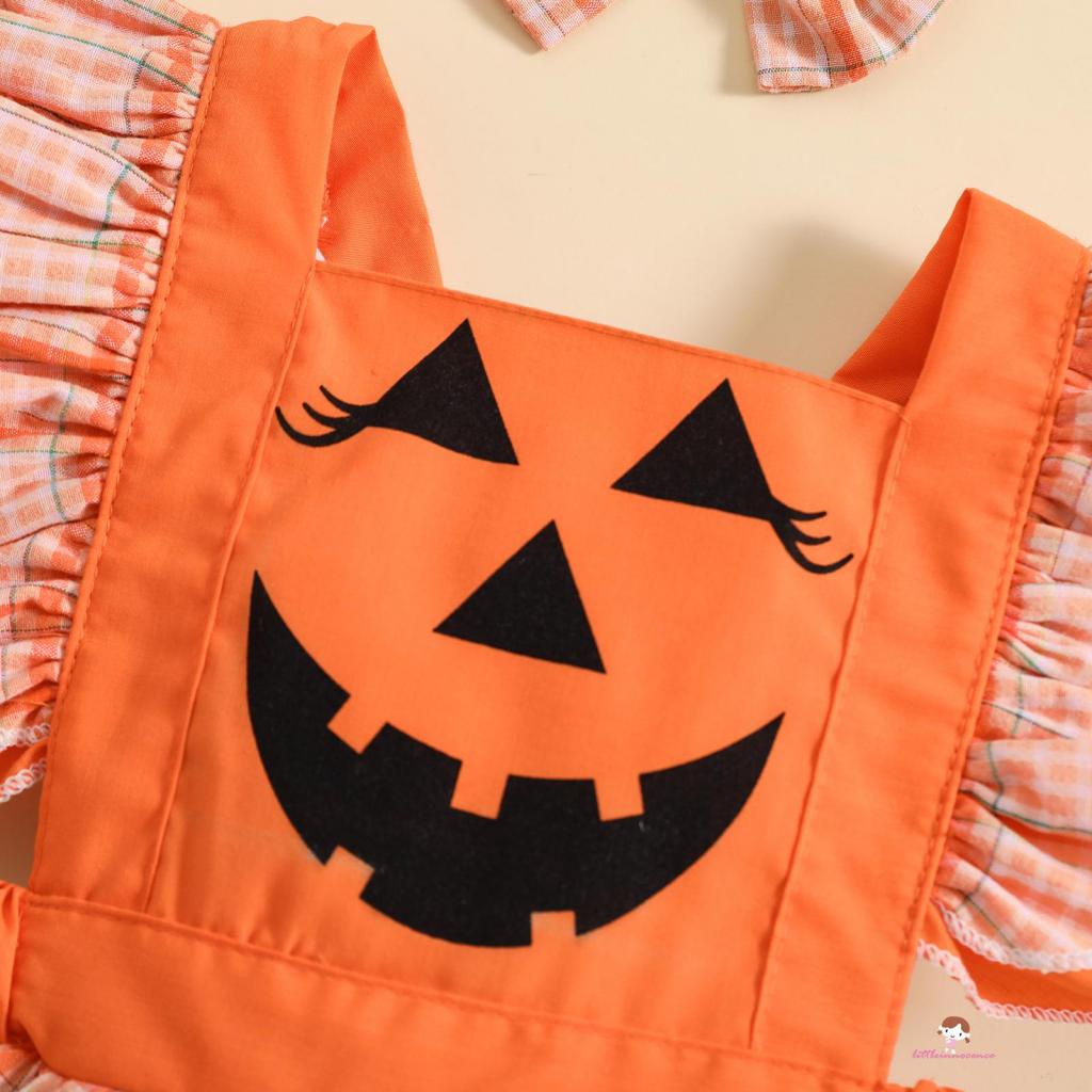 Bộ Đầm Liền Thân Tay Bèo Họa Tiết Bí Ngô Kèm Băng Đô Phong Cách halloween Cho Bé Gái