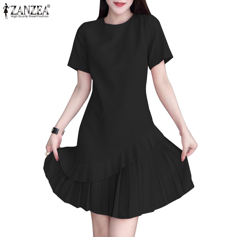 Zanzea Đầm Nữ Tay Ngắn Màu Trơn Phong Cách Hàn Quốc