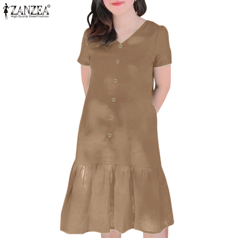 Zanzea Đầm Nữ Tay Ngắn Cổ Chữ v Thời Trang Hàn Quốc