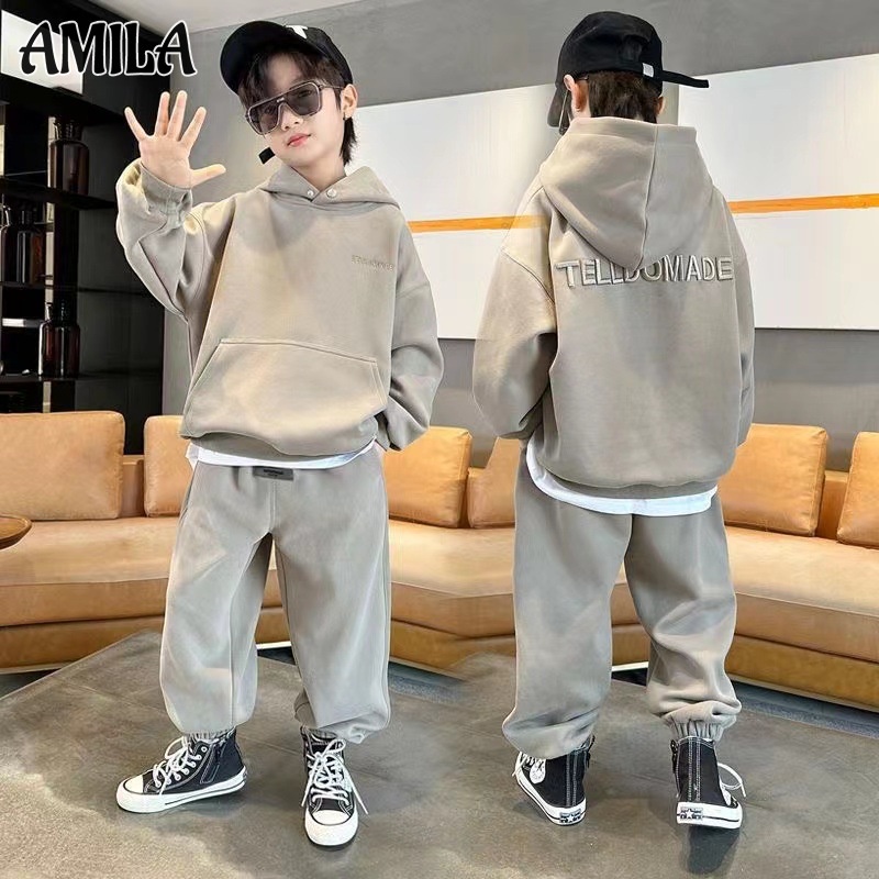 AMILA Bộ Áo Hoodie Dài Tay In Chữ + Quần ống rộng Thời Trang Cho Bé Trai