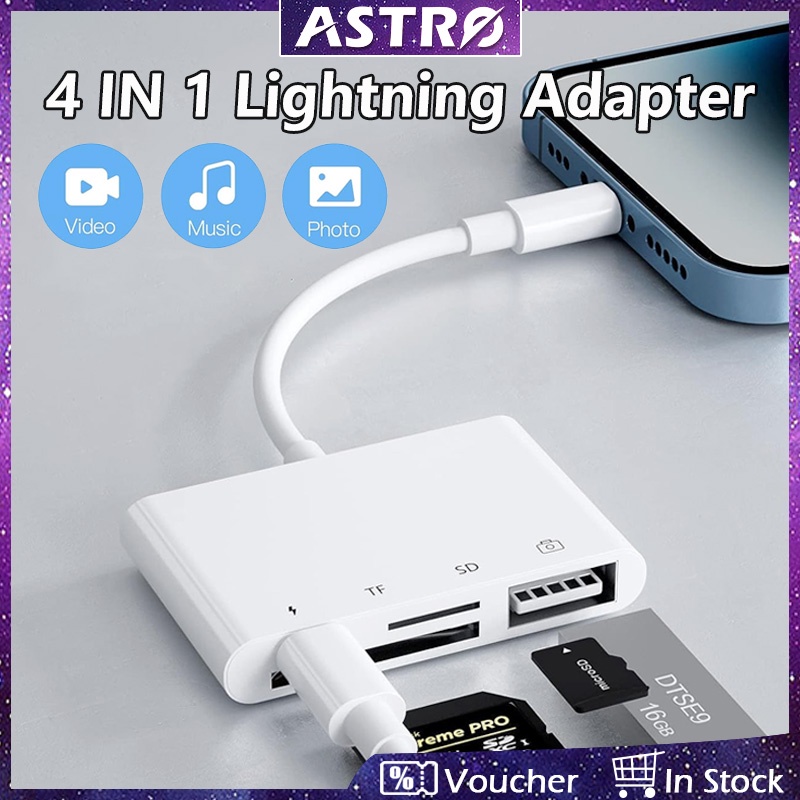 Astro Đầu Đọc Thẻ Nhớ lightning otg / tf 4 Trong 1 Cho iphone 14 / 13 / 12 promax / ipad air, Ổ Đĩa 