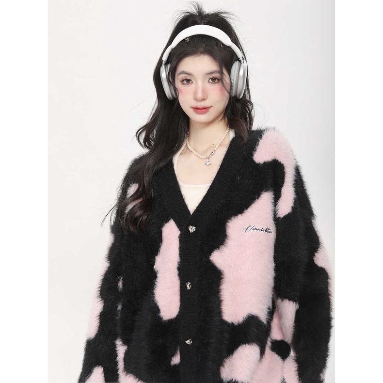 Áo Khoác cardigan Cổ Chữ v Form Rộng Màu Sắc Tương Phản Mới