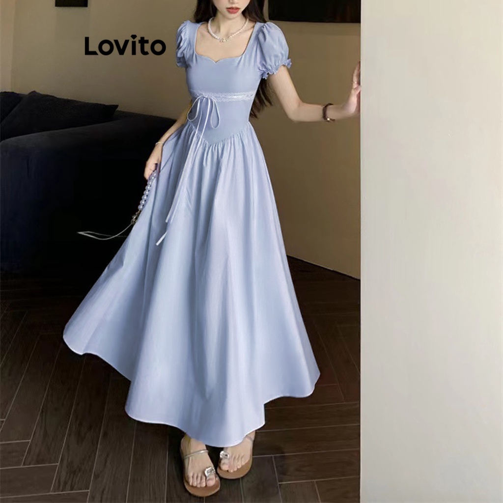 Đầm Lovito tay phồng cổ trái tim diềm xếp nếp phối vải ren màu trơn thường ngày cho nữ LNE17015 (Màu xanh dương)
