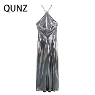 Đầm dây QUNZ 7871 cổ yếm màu kim loại nhạt thời trang sexy