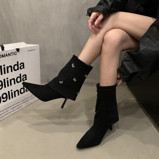 Giày bốt cao gót 6-8cm da lộn mũi nhọn thời trang mùa đông cho nữ