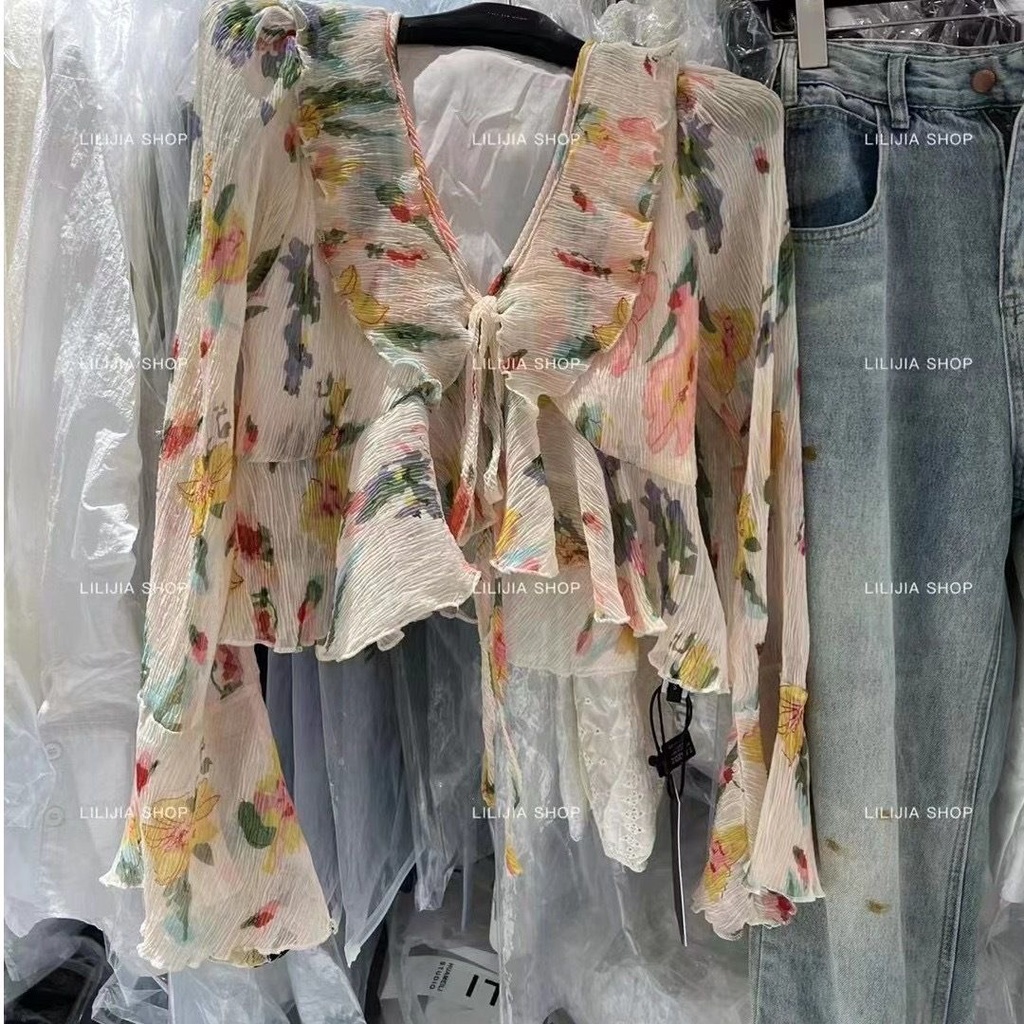 Áo Sơ Mi Ngắn Thắt Dây In Họa Tiết Sang Trọng Thoải Mái Thời Trang Mùa Hè Cho Nữ