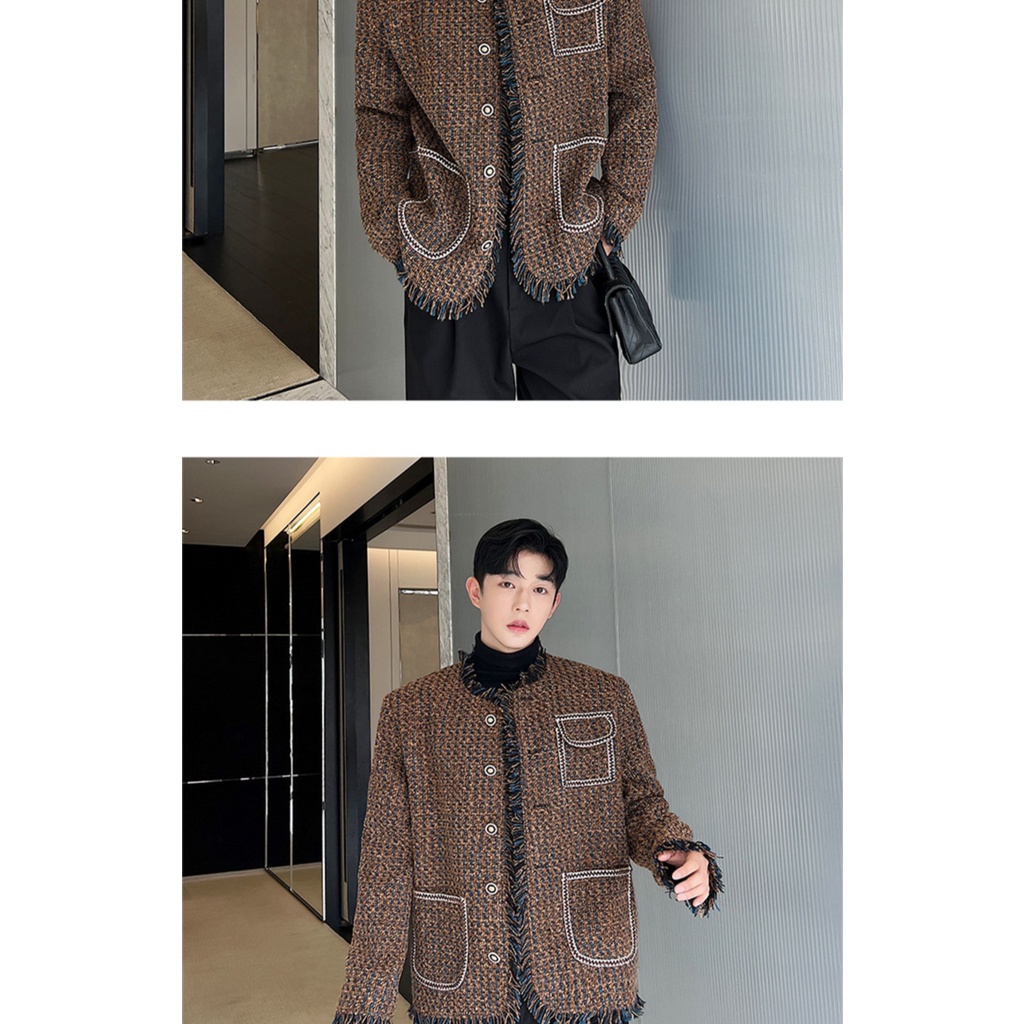 Tweed Áo Khoác blazer Vải Dệt Cổ Tròn Phối Tua Rua Và Nút Kim Loại Màu Nâu / Xanh Dương Hợp Thời Trang Cho Nam