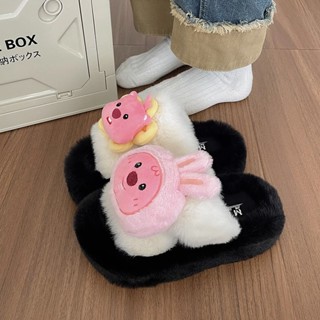 Dép cotton đế dày phối lông xinh xắn dành cho nữ 3cm